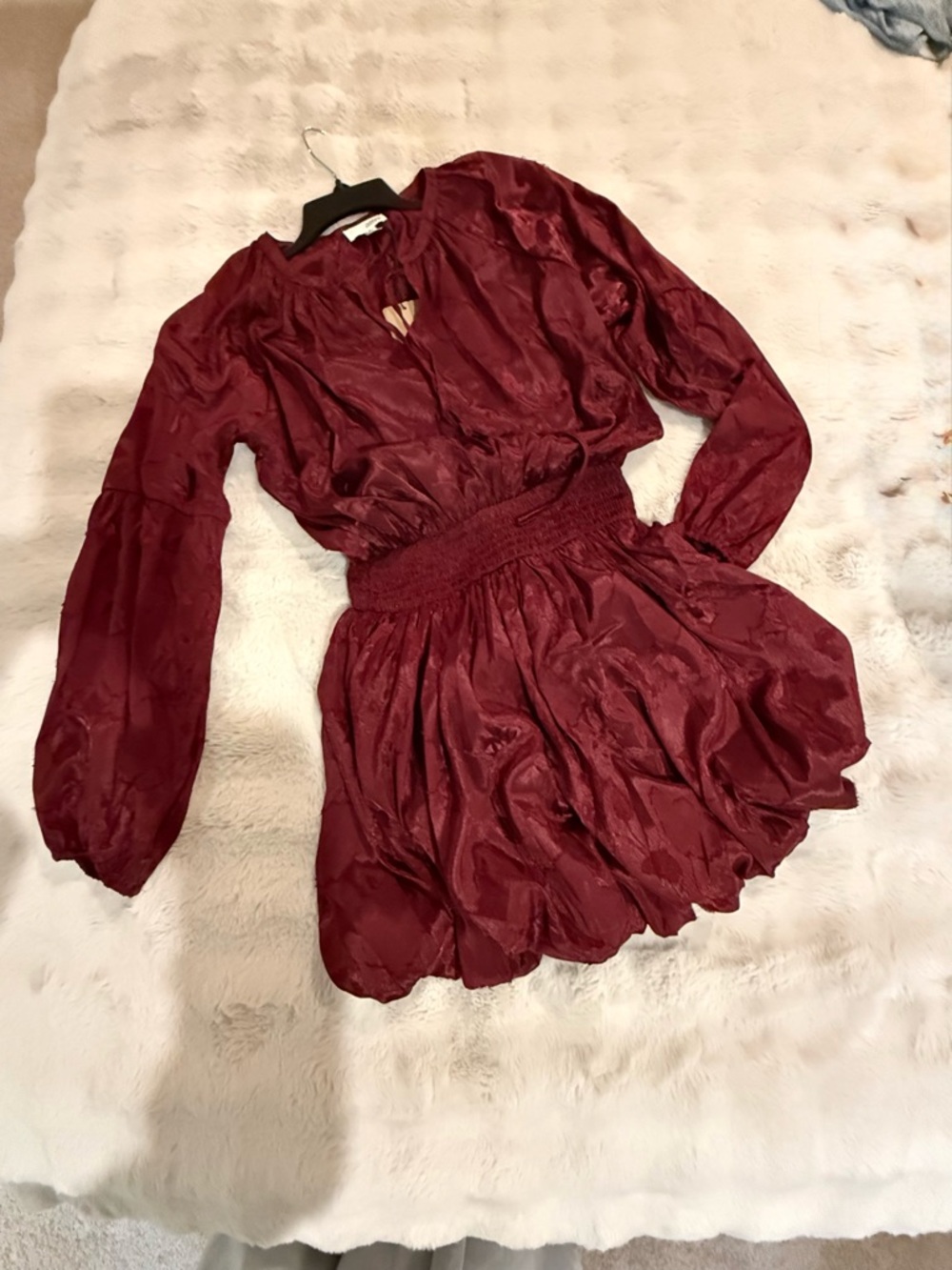 Satin Burgundy Long Sleeve Smocked Waist Mini Dress